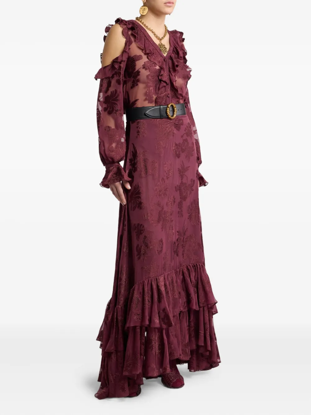 ETRO floral-print ruffled maxi skirt - Rood