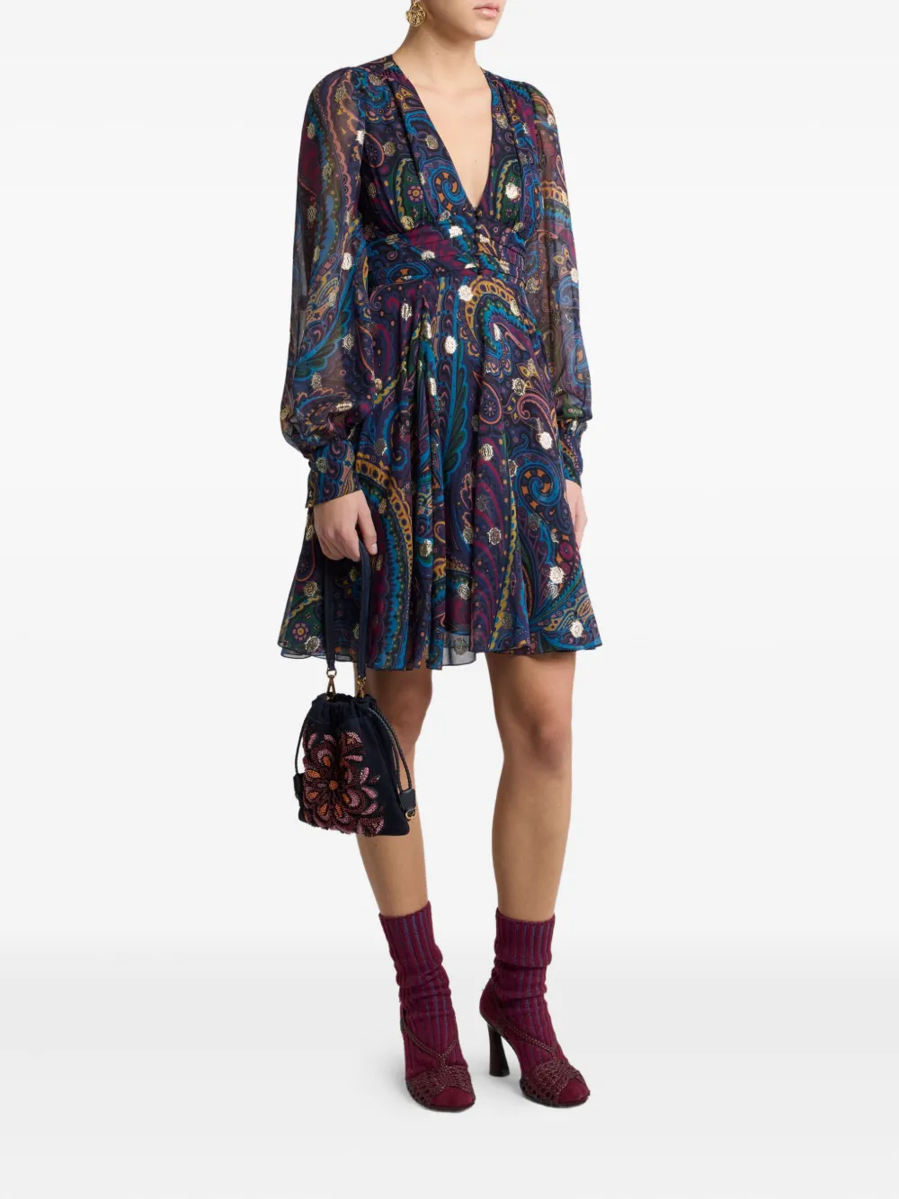 ETRO paisley-print V-neck mini day dress - Blauw