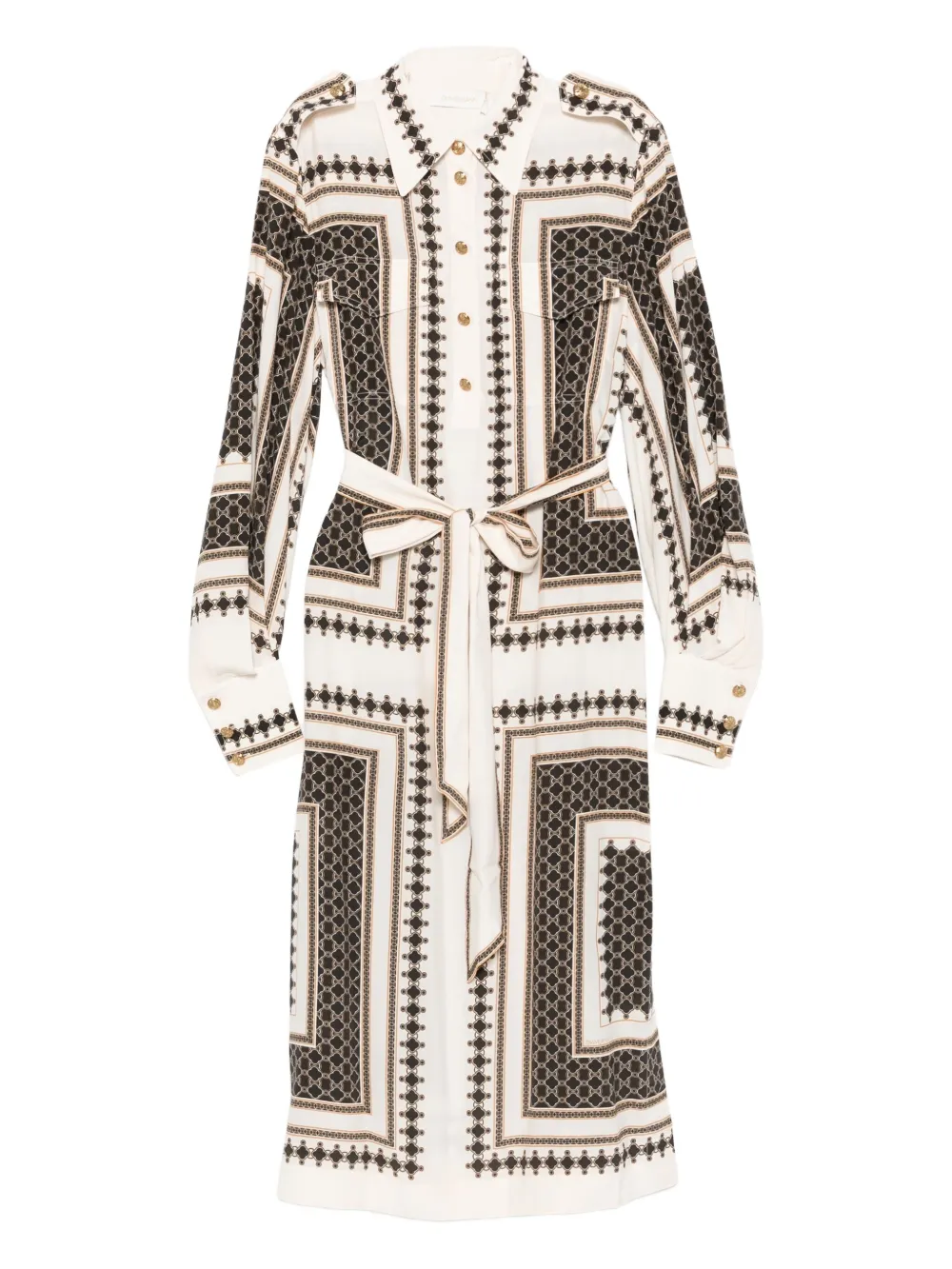 Zimmermann Geometric-print Belted Dress In Neutral