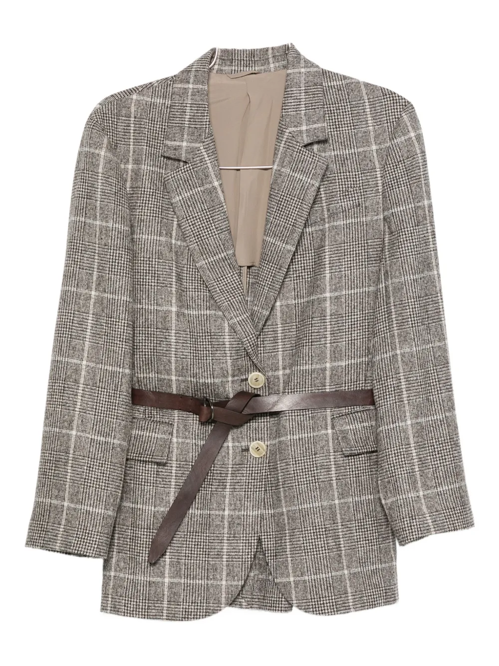 Brunello Cucinelli Checked Belted Blazer In Gray