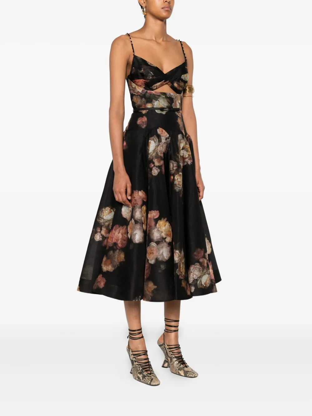 ZIMMERMANN Hypnotic Twist floral-print midi dress Zwart