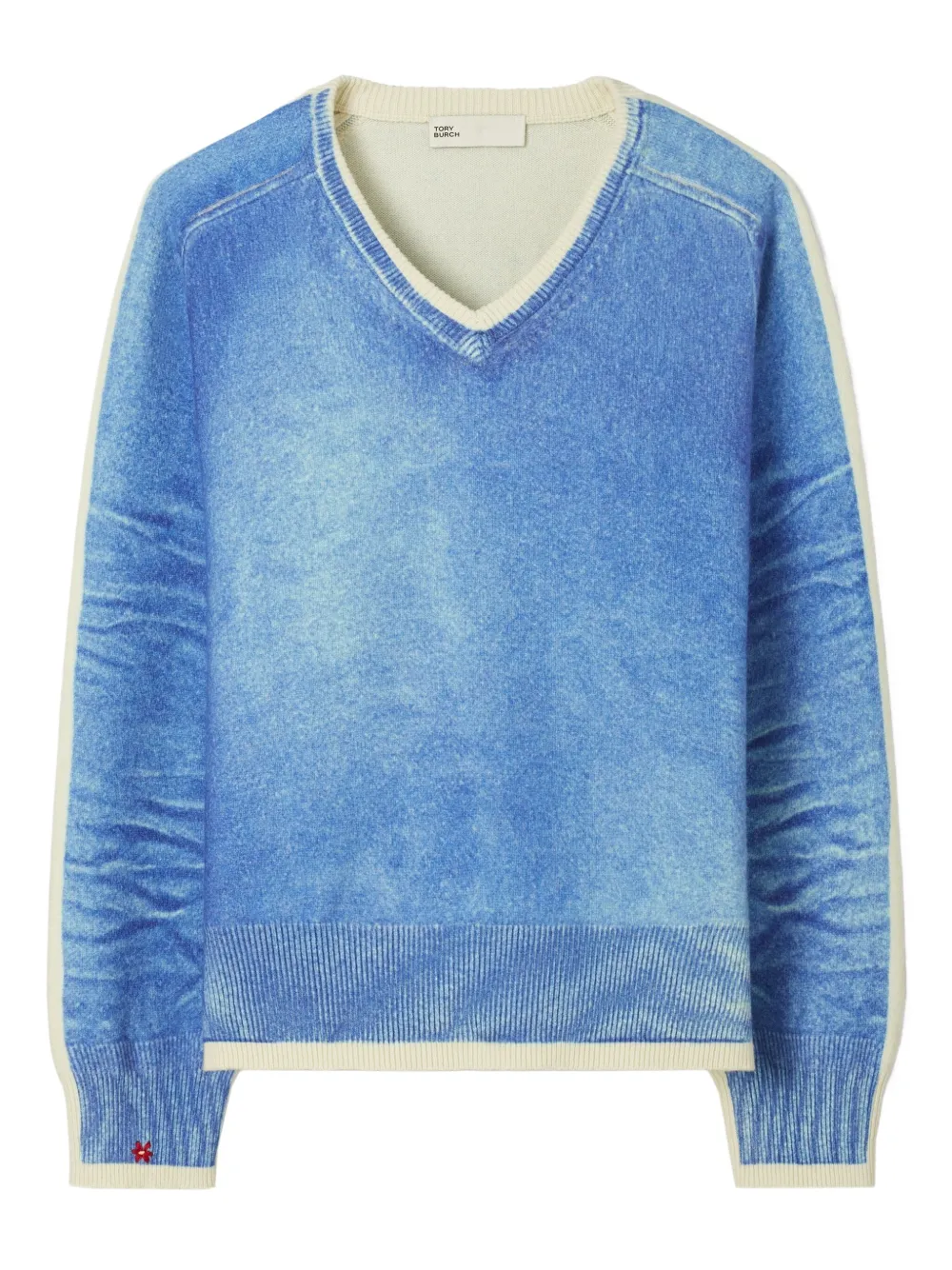 Tory Burch V-neck Print Merino Wool Sweater In Blue