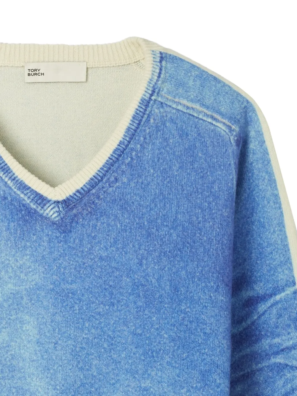 Tory Burch V-neck Print Merino Wool Sweater In Blue