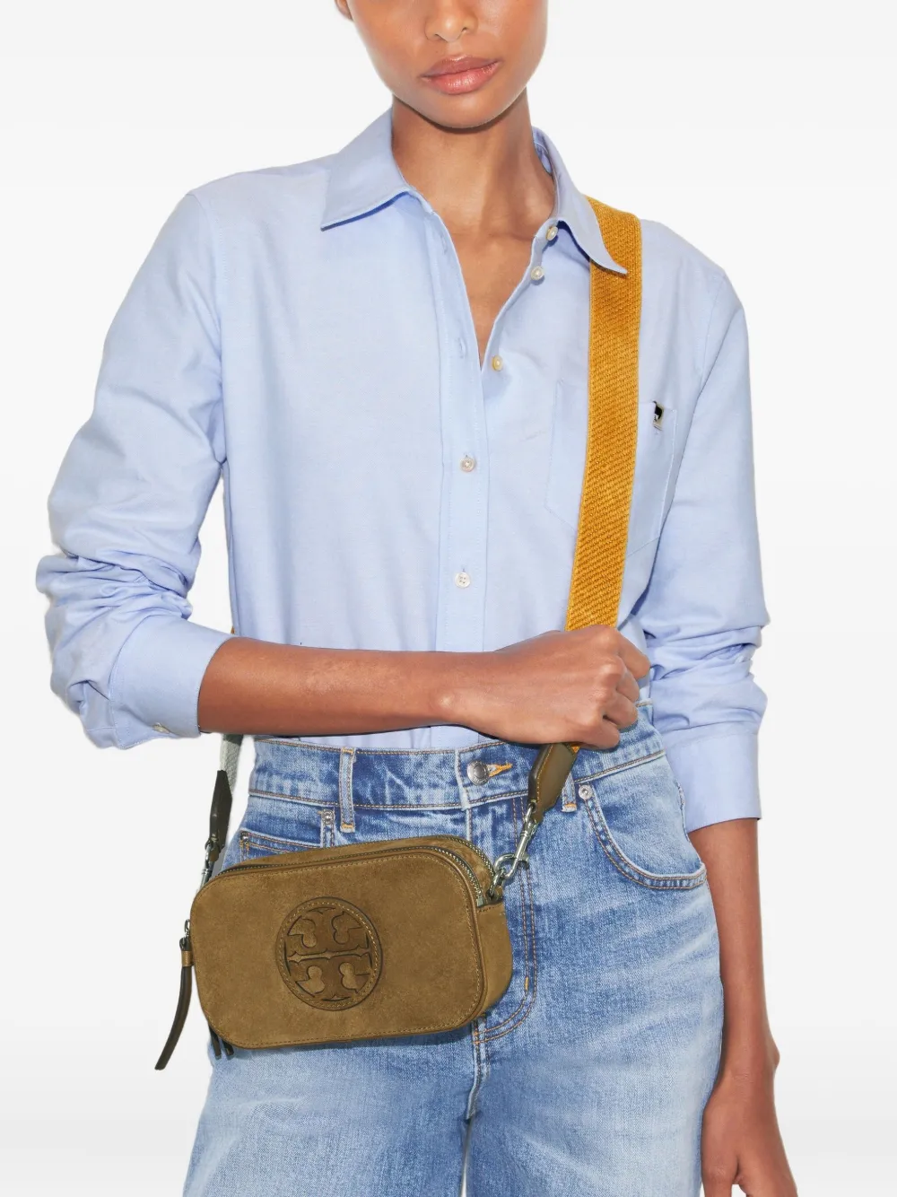 Tory Burch Miller suède crossbodytas met logoplakkaat Bruin