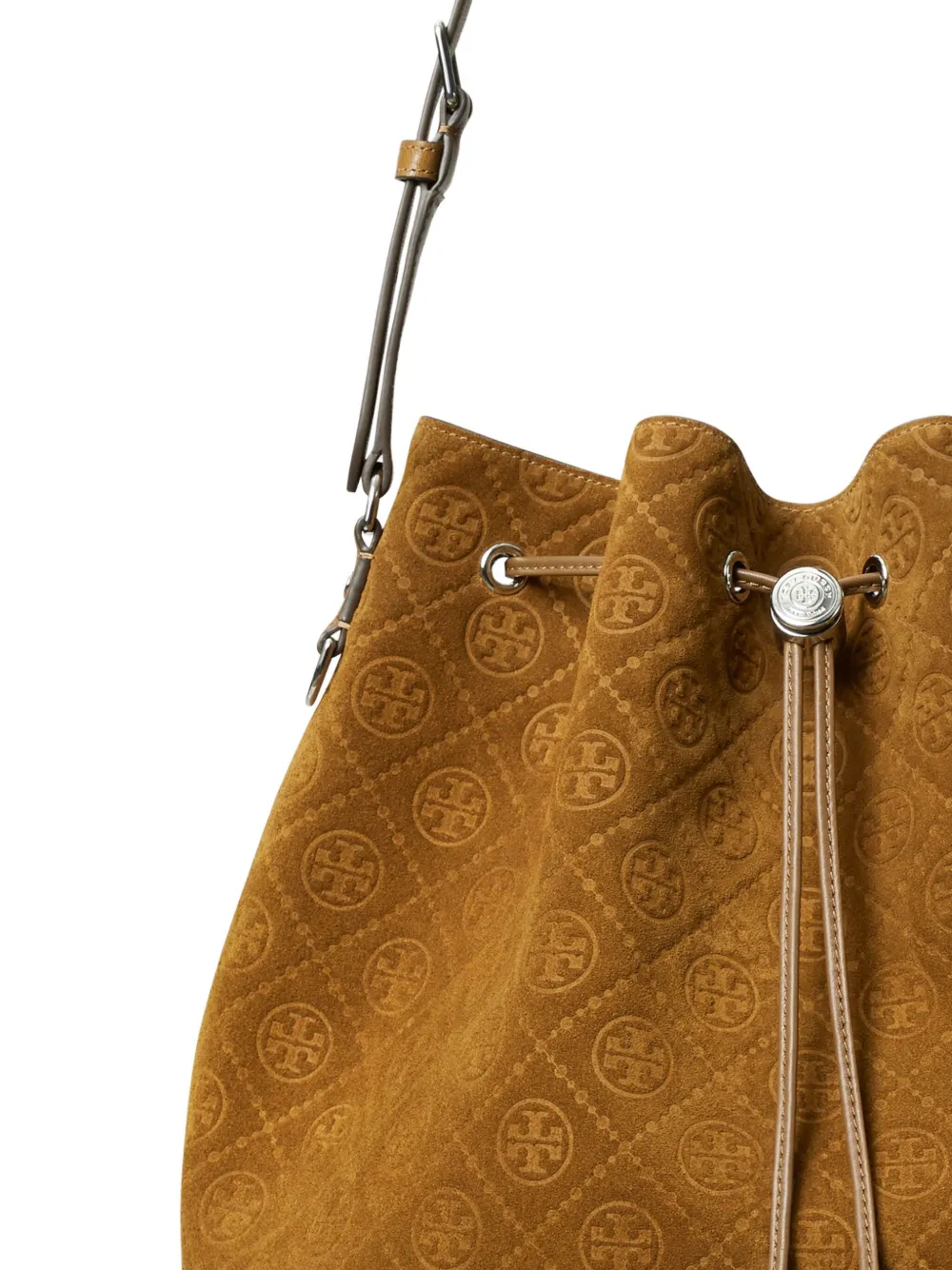 Tory Burch Suède bucket-tas met monogram Bruin