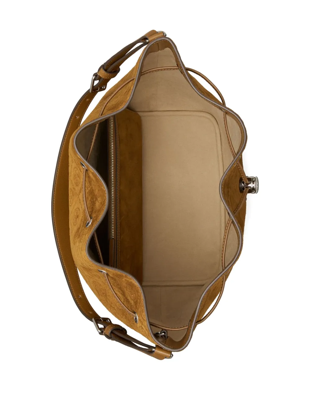 Tory Burch Suède bucket-tas met monogram Bruin