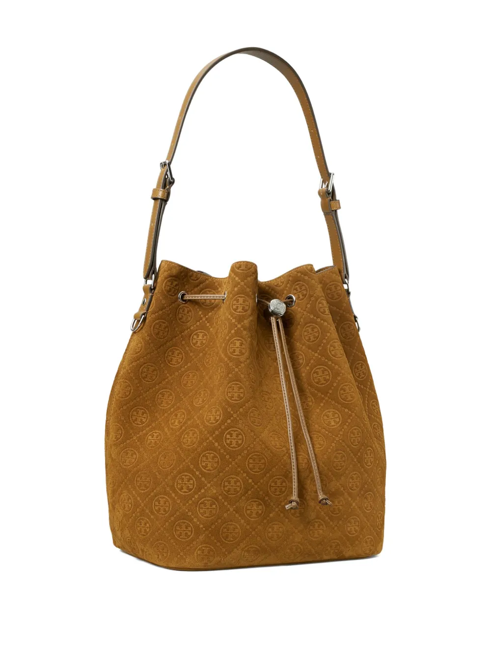 Tory Burch Suède bucket-tas met monogram Bruin