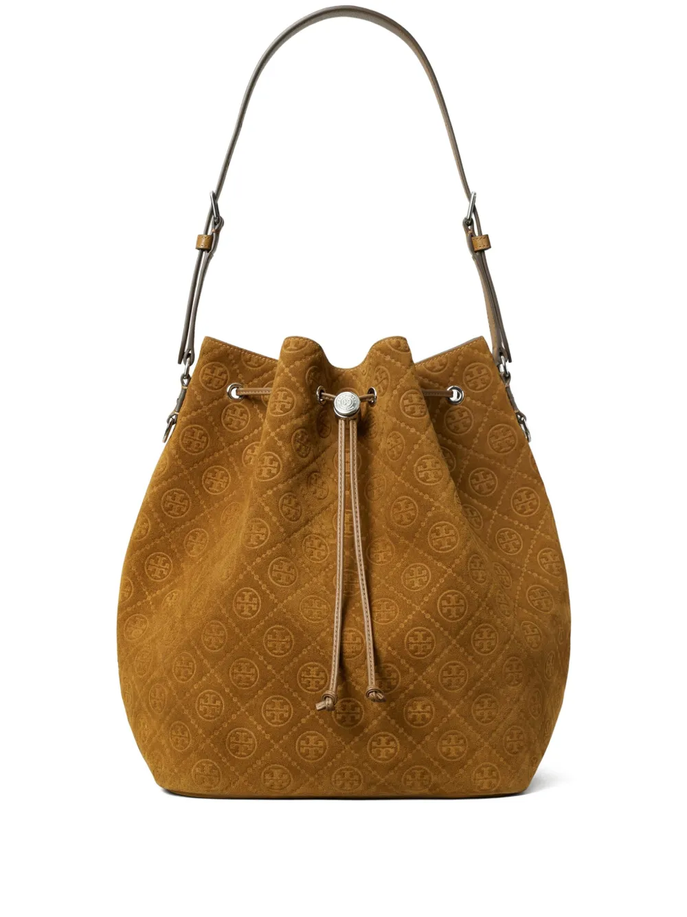 Tory Burch Suède bucket-tas met monogram Bruin