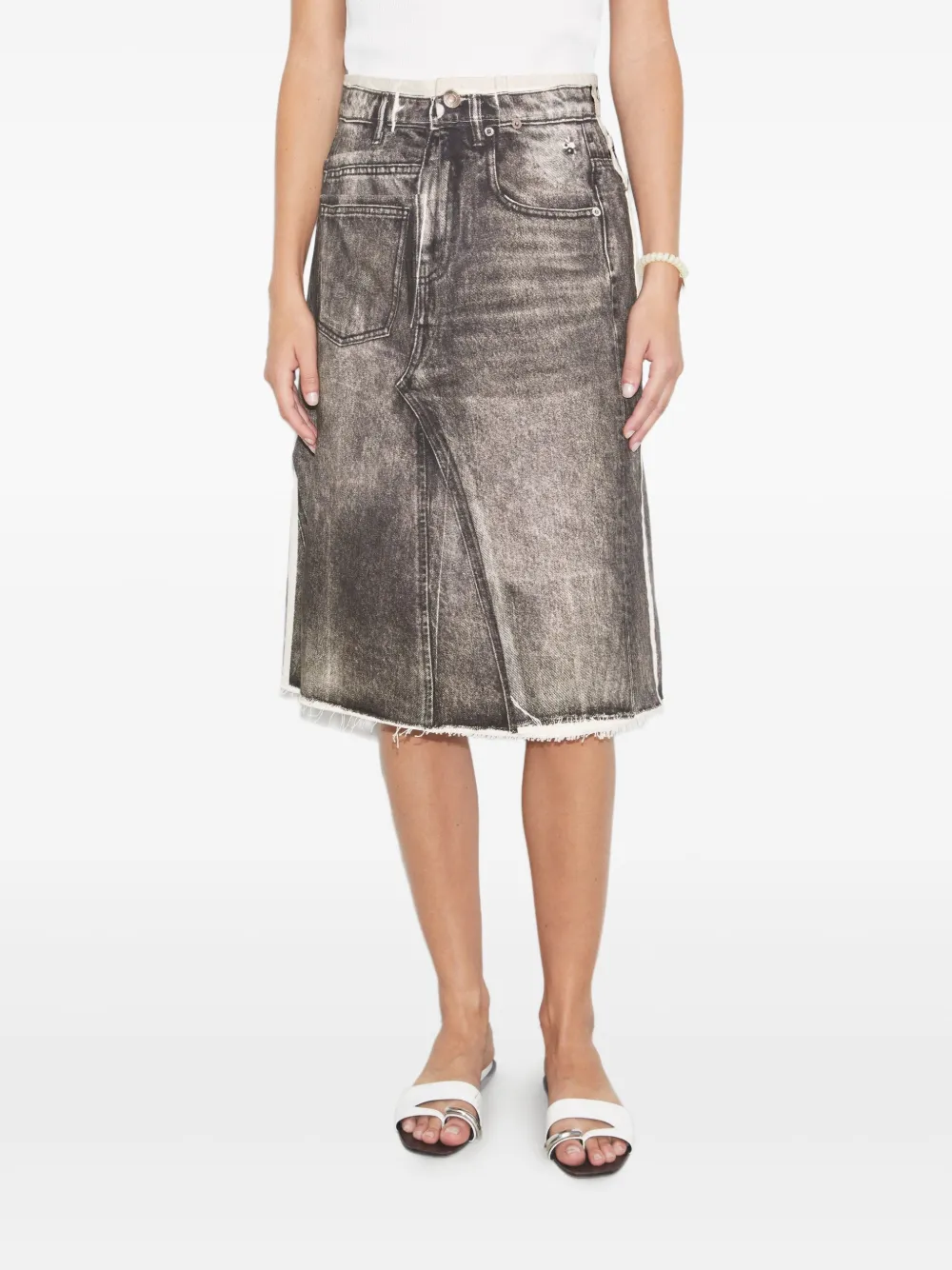 Tory Burch Panelled Frayed Denim Midi A-line Skirt In Gray