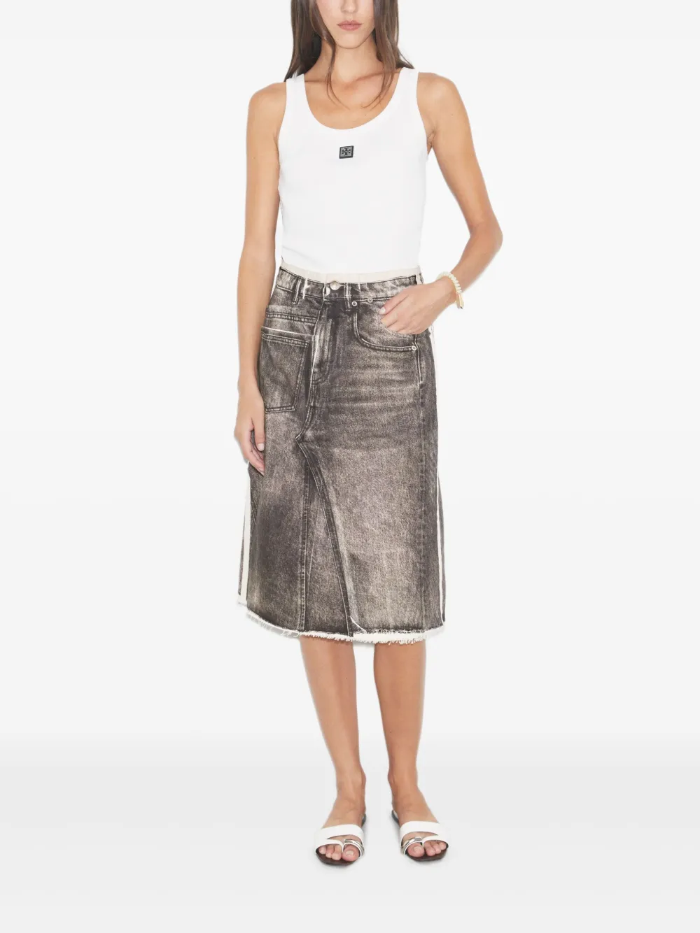 Tory Burch Panelled Frayed Denim Midi A-line Skirt In Gray