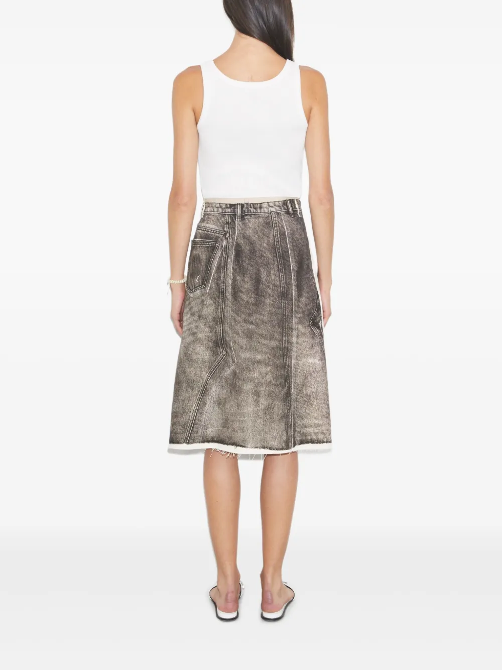 Tory Burch Panelled Frayed Denim Midi A-line Skirt In Gray