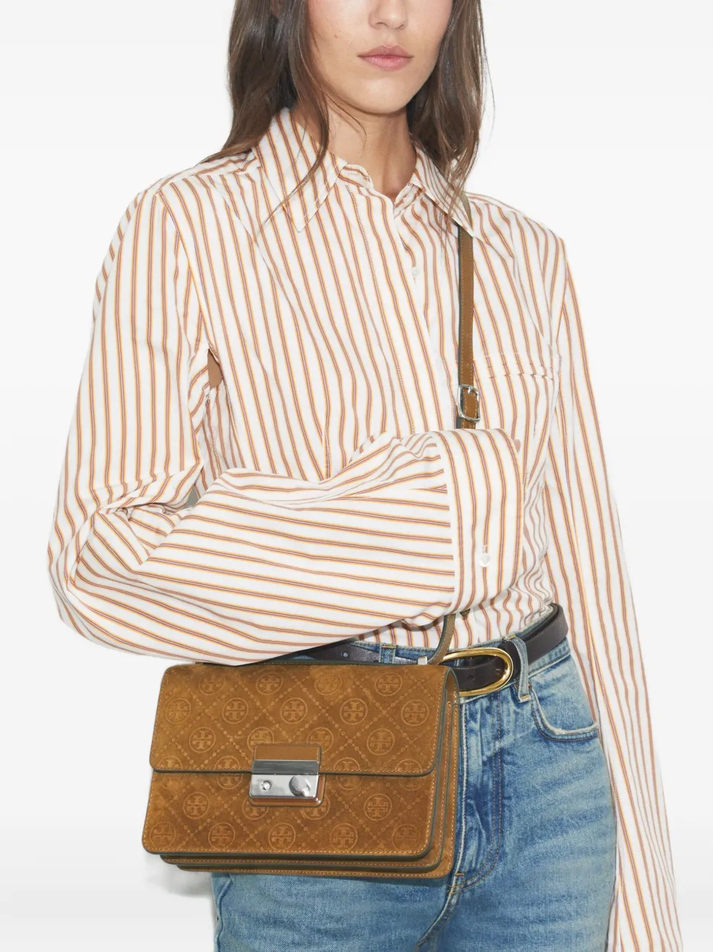 Tory Burch Suède schoudertas met monogram - Bruin