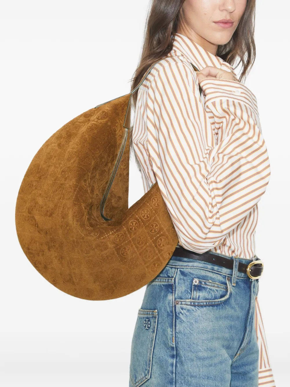 Tory Burch Balloon T-monogram Suede Shoulder Bag In Brown