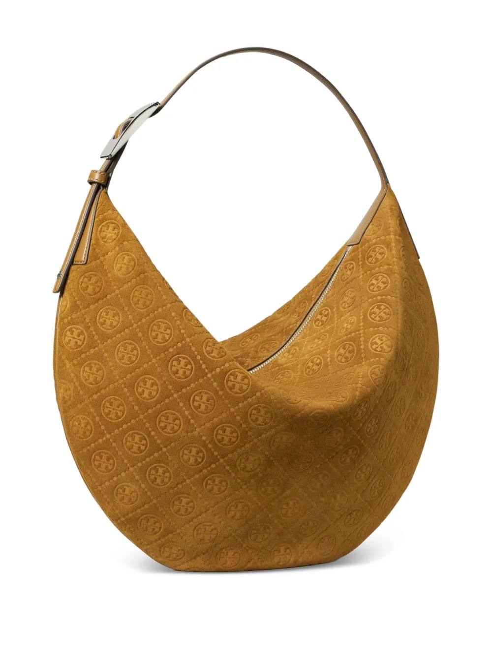 Tory Burch Balloon suède schoudertas met monogram - Bruin