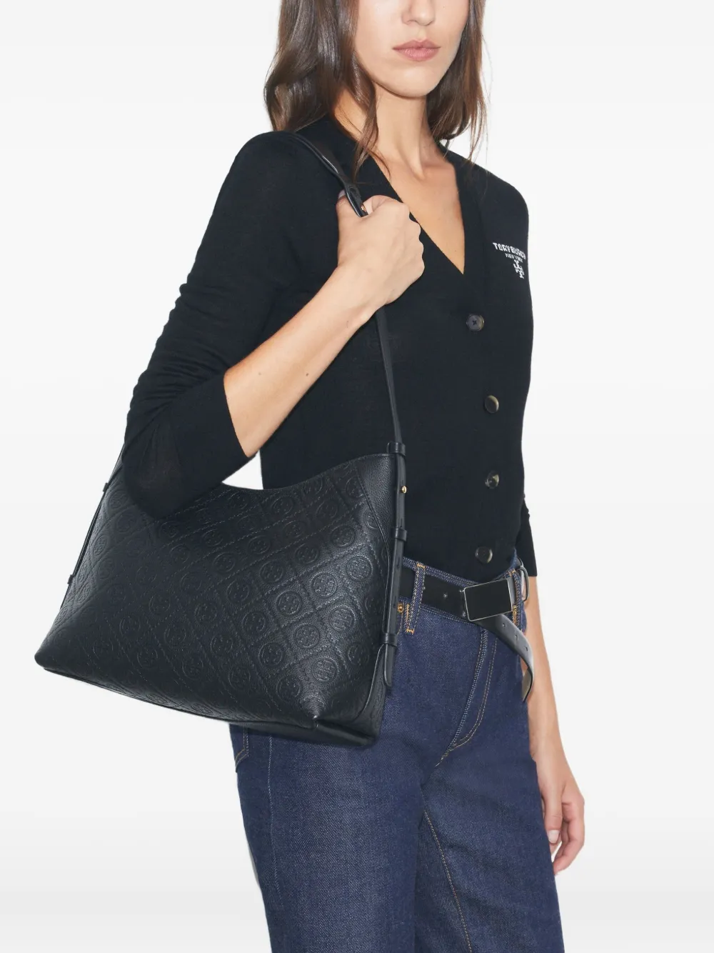 Tory Burch T Monogram schoudertas van bewerkt leer - Zwart
