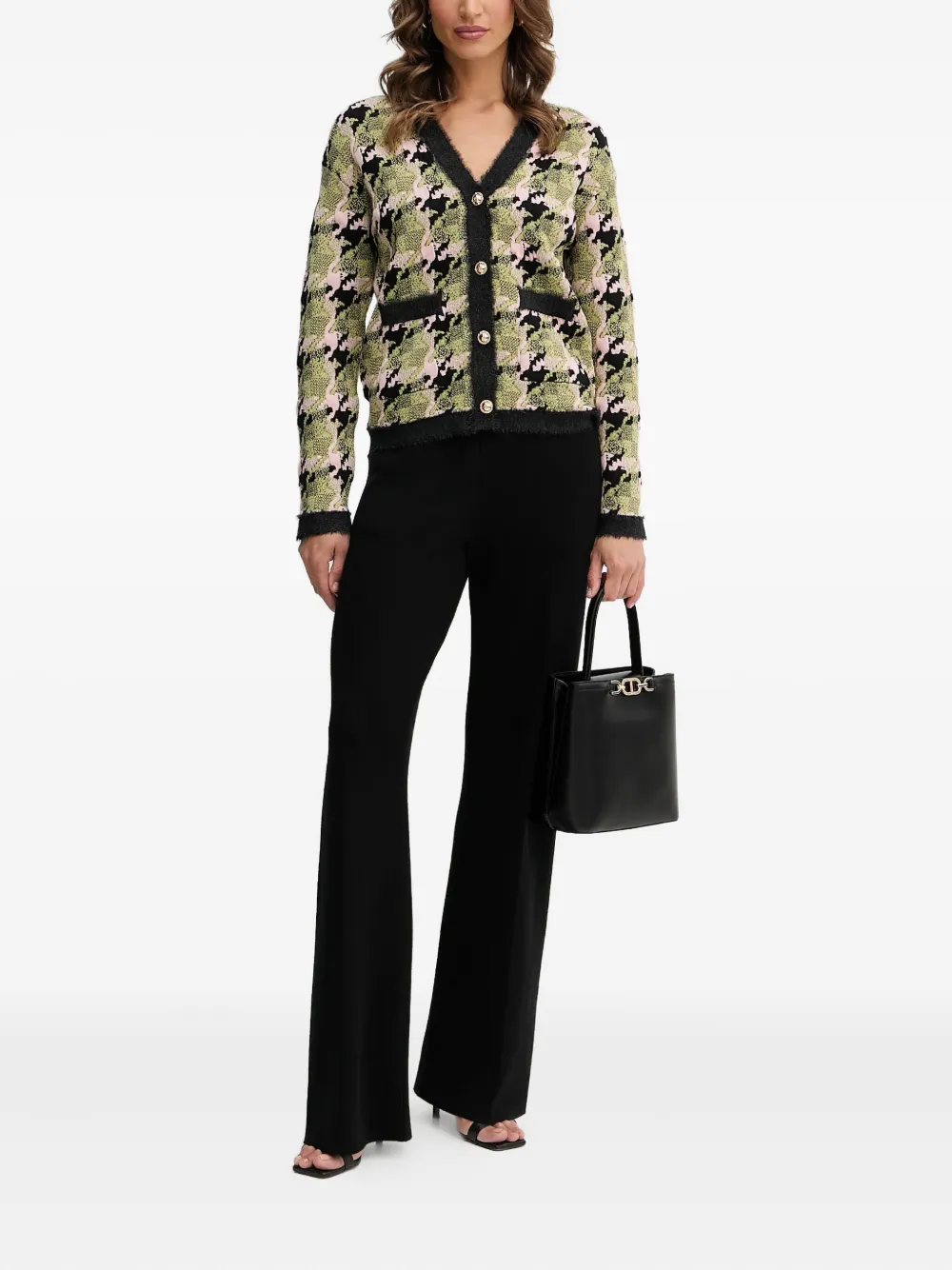 Silvian Heach Houndstooth Button-down Cardigan In Green