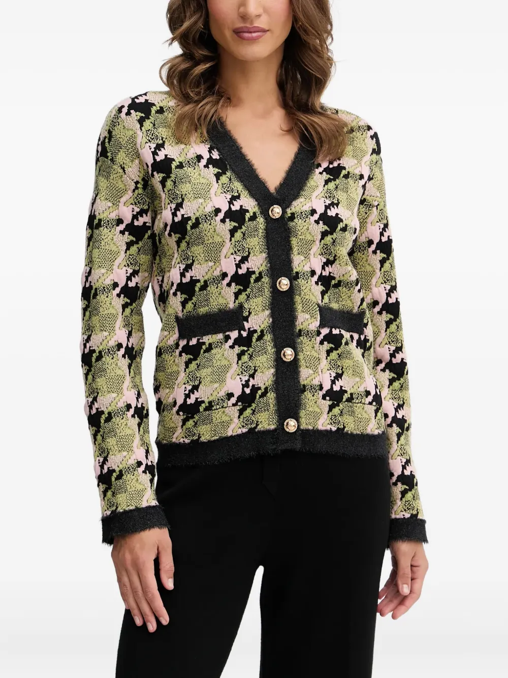 Silvian Heach Houndstooth Button-down Cardigan In Green