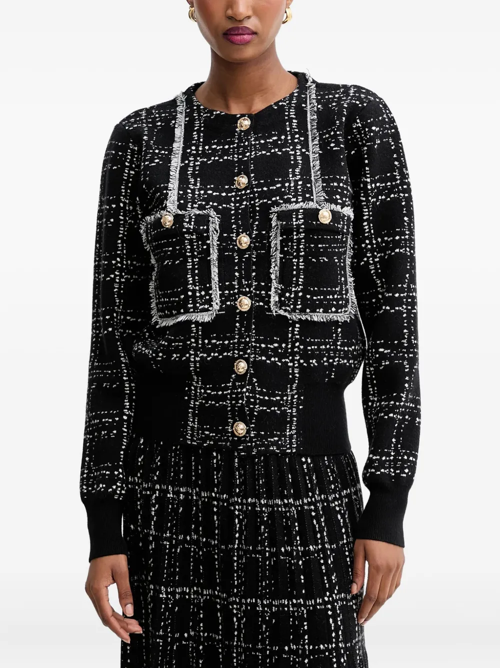 Silvian Heach Tweed-fringed Button-down Jacket In Multi