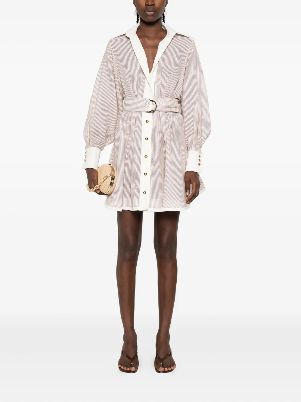 Zimmermann Hypnotic Tuck Belted Mini Shirt Dress In Neutral