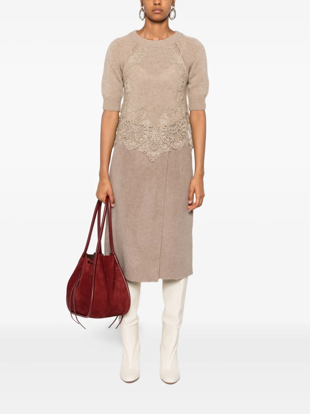Ermanno Scervino Gebreide top met kanten afwerking Beige
