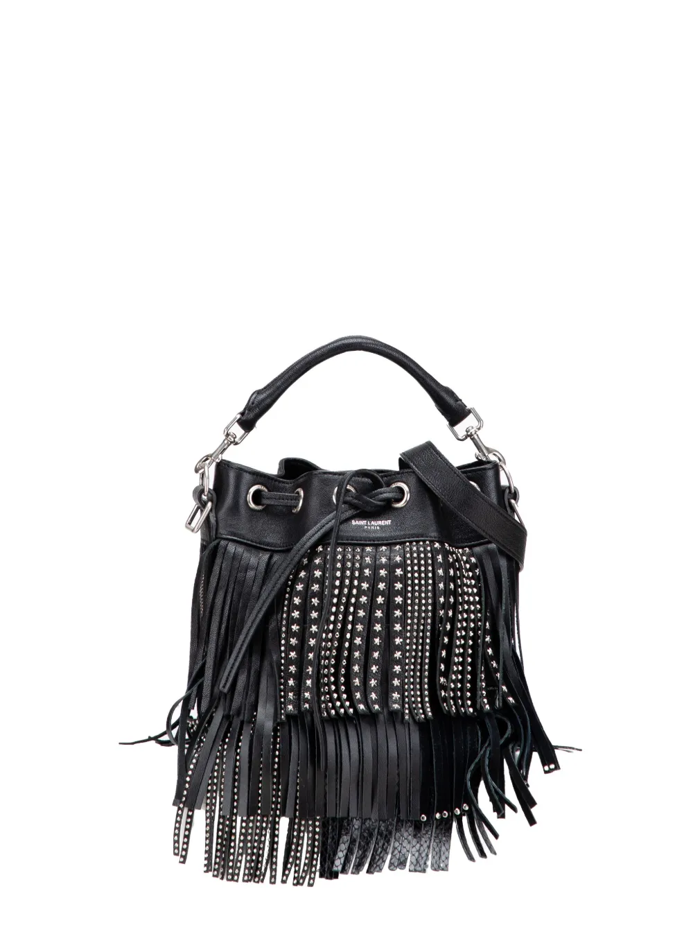 Pre-owned Saint Laurent 2015 Small Studded Calfskin Emmanuelle Fringe Bucket Bag In Black