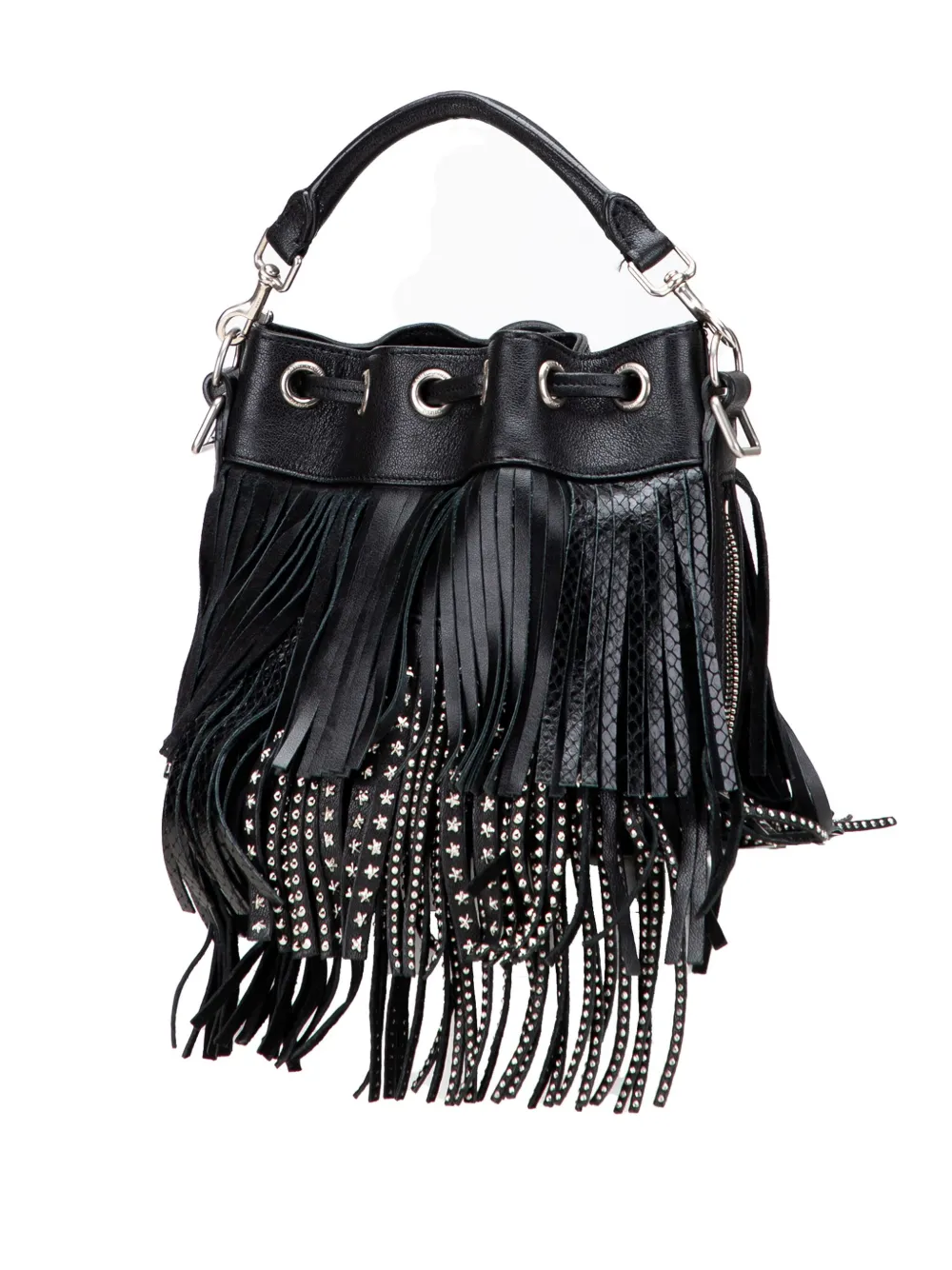 Pre-owned Saint Laurent 2015 Small Studded Calfskin Emmanuelle Fringe Bucket Bag In Black