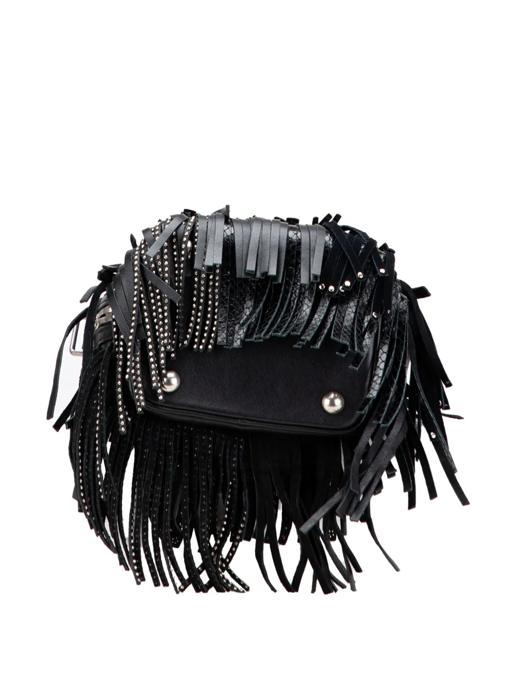Pre-owned Saint Laurent 2015 Small Studded Calfskin Emmanuelle Fringe Bucket Bag In Black
