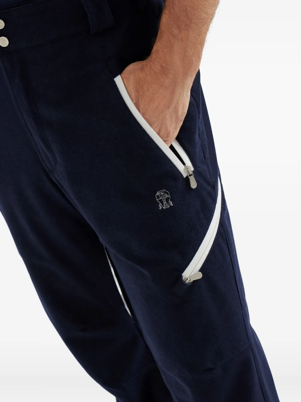 Brunello Cucinelli Mountain gewatteerde broek met contrasterende rits Blauw