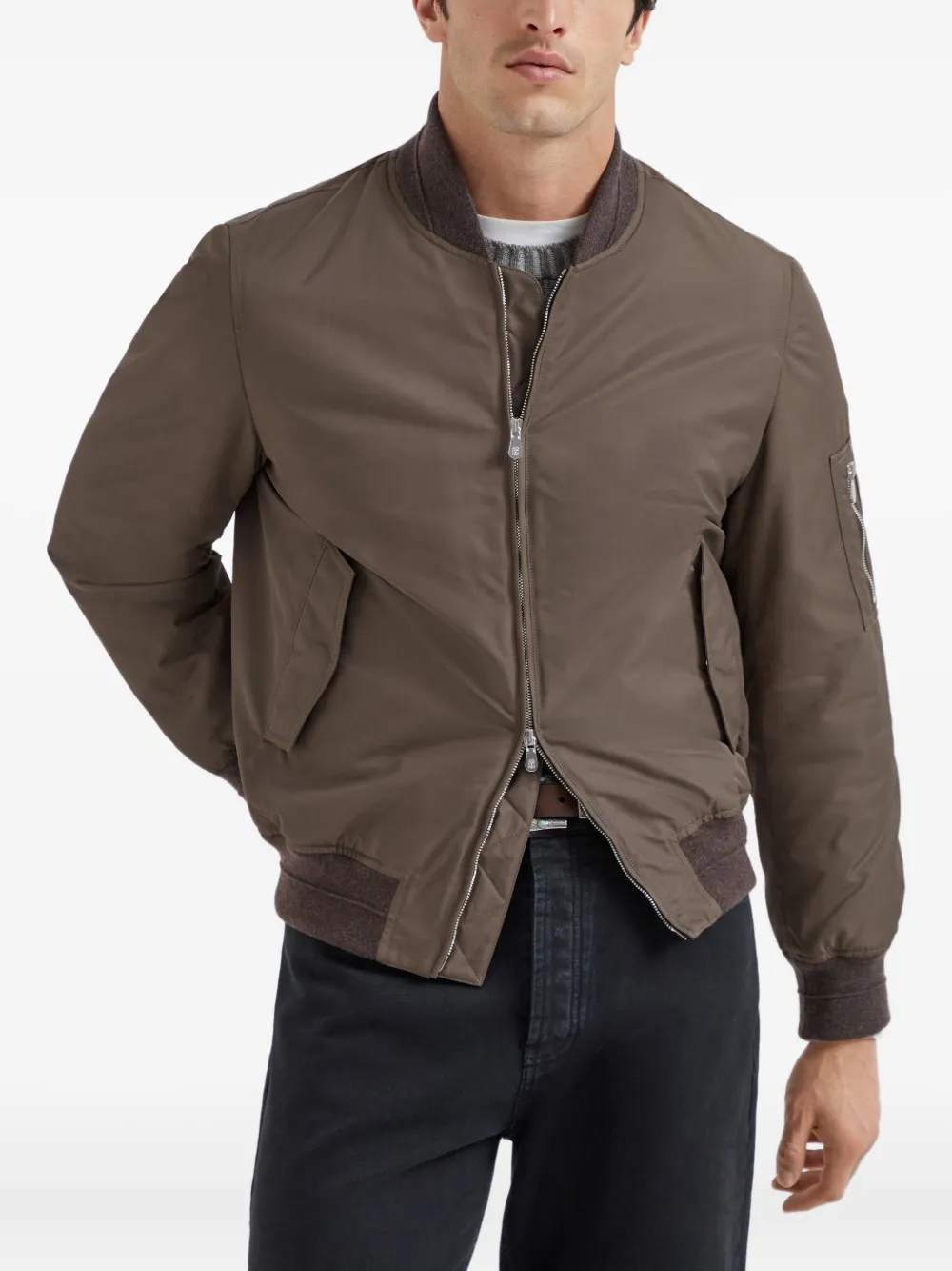 Brunello Cucinelli Padded Nylon Bomber Jacket In Brown