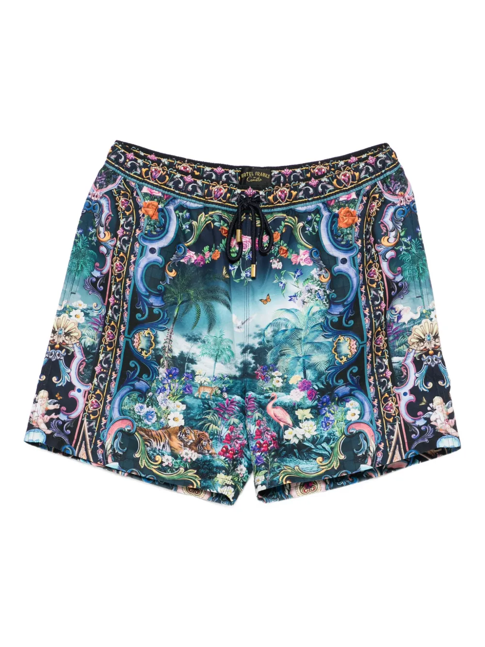 Camilla baroque-print swim shorts | Black | Image 1