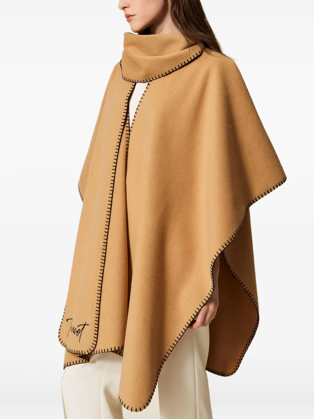 Twinset Wool Cloth Poncho With Scarf In Brown