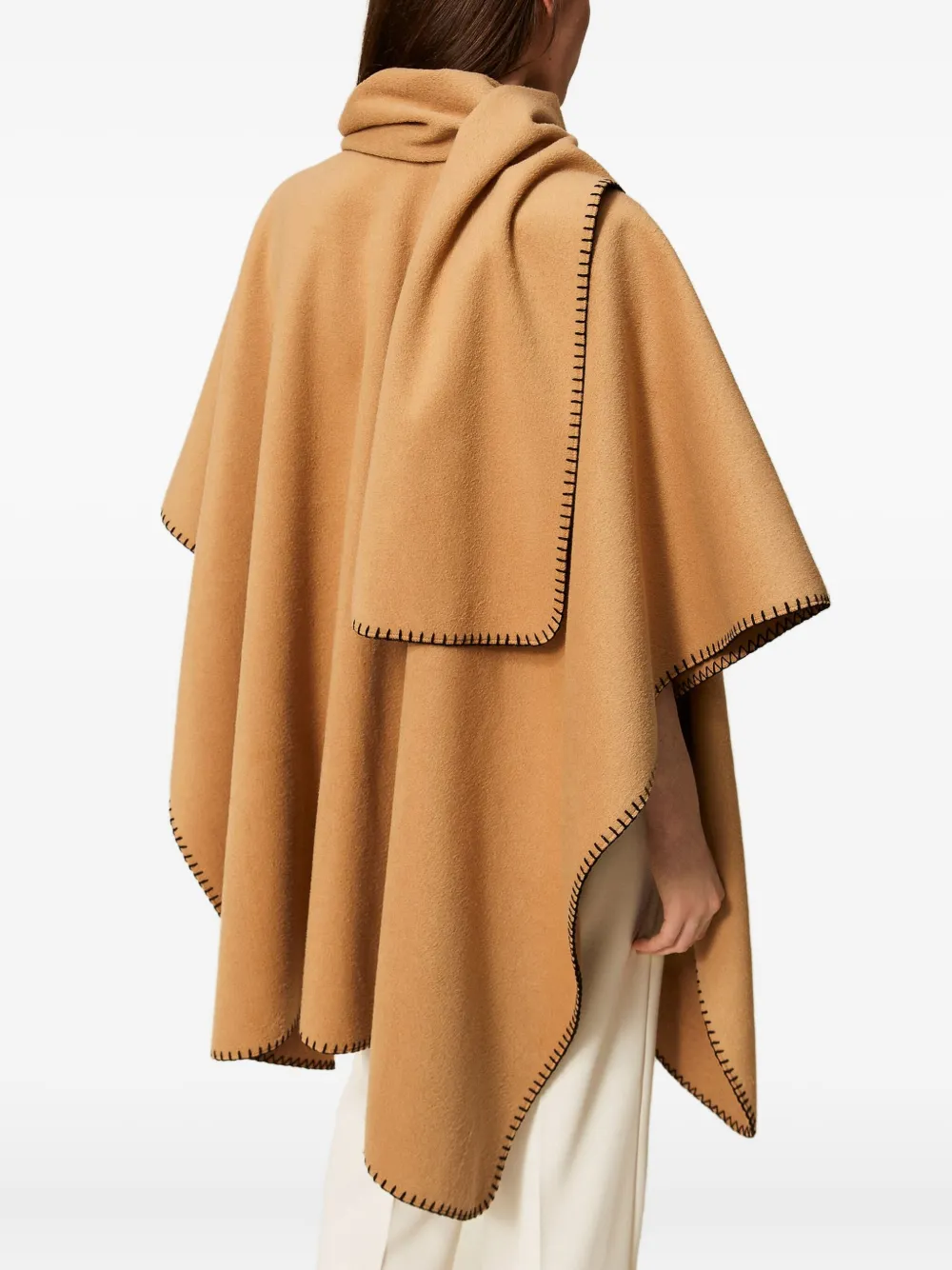 Twinset Wool Cloth Poncho With Scarf In Brown