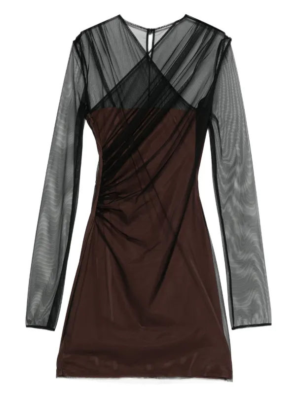 knee length dresses for ladies Tamara V-Neckline Ruched Long Sleeve Lace Mesh Dress Olive