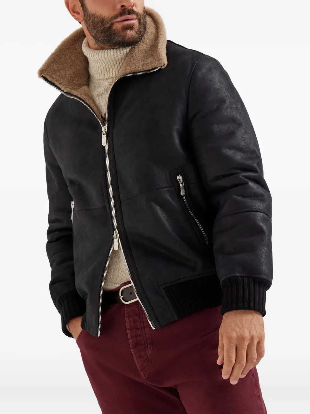 Brunello Cucinelli Nubuck Fur-lining Bomber Jacket In Black