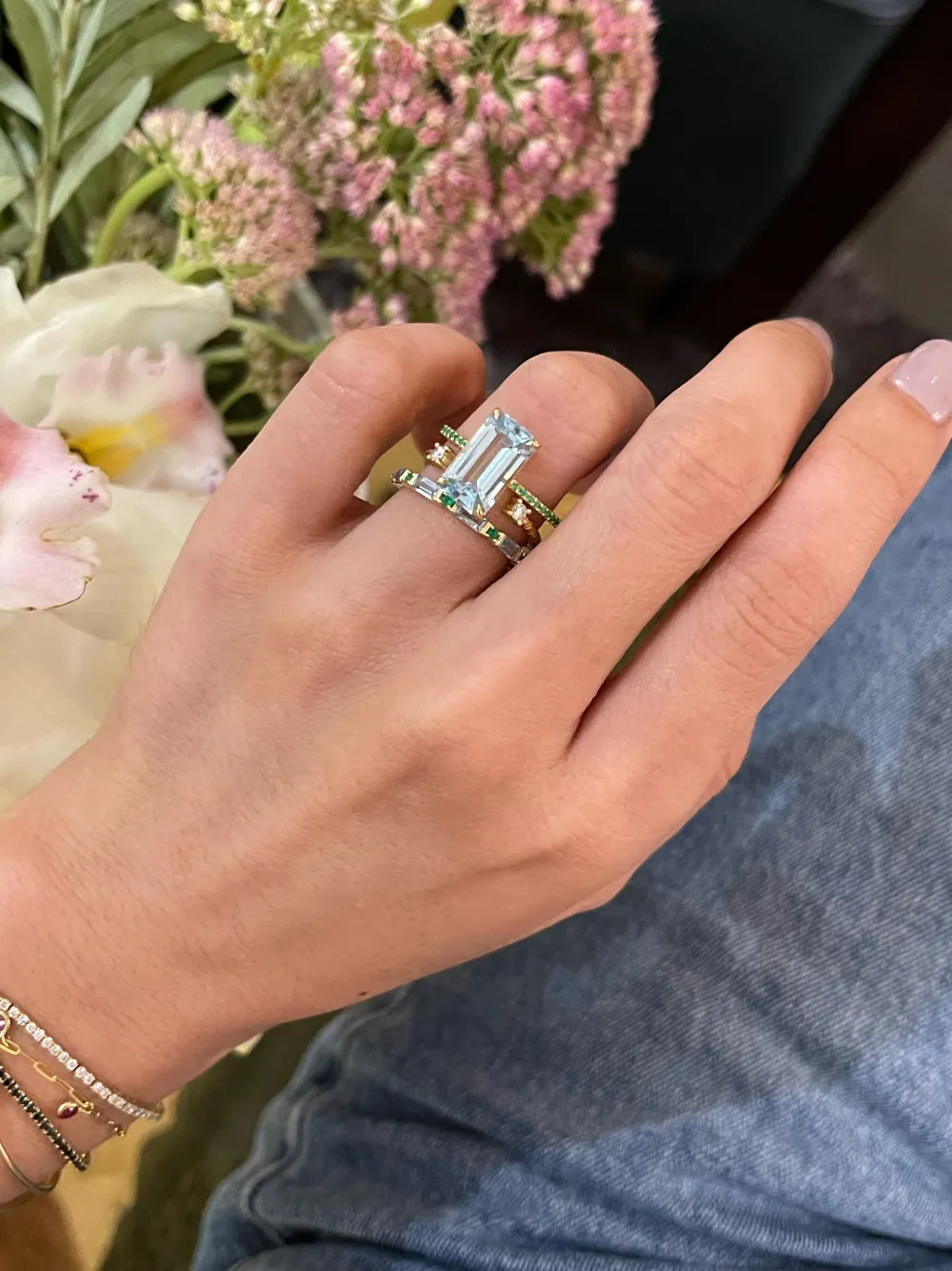 18k Yellow Gold Spring Aquamarine And Emerald Ring