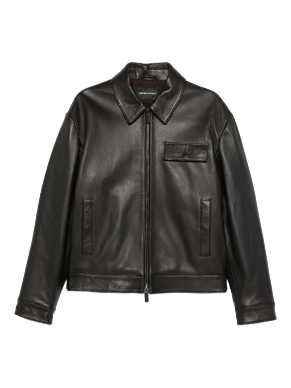 ジャケット・アウター EMPORIO ARMANI Full Zip Leather Jacket Emporio Armani Zipped Leather Jacket | Black | FARFETCH