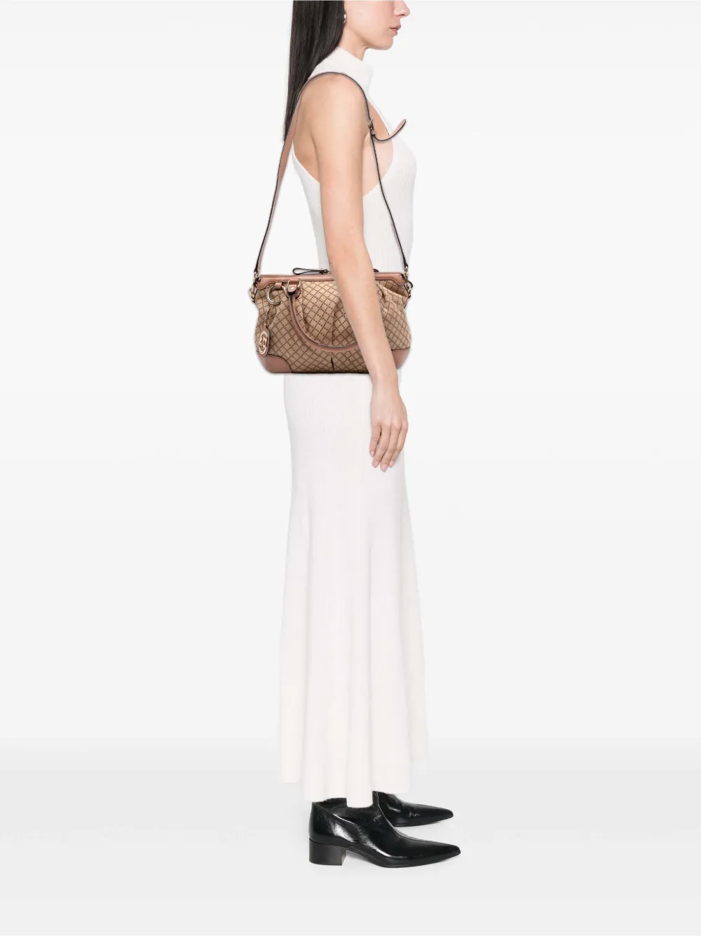 Pre-owned Gucci 2016-2025 Diamante Canvas Sukey Satchel In Brown