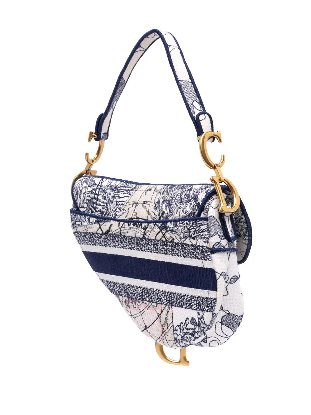 Pre-owned Dior 2020 Canvas Embroidered Around The World Saddle Bag Shoulder Bag In Blue