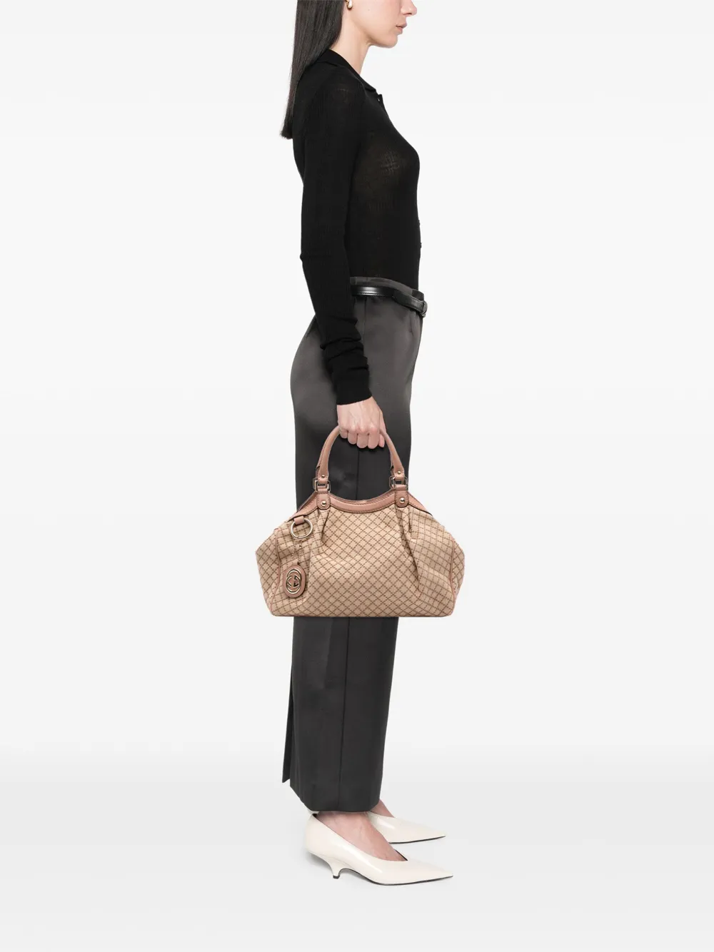 Pre-owned Gucci 2016-2025 Medium Diamante Canvas Sukey Tote Bag In Brown