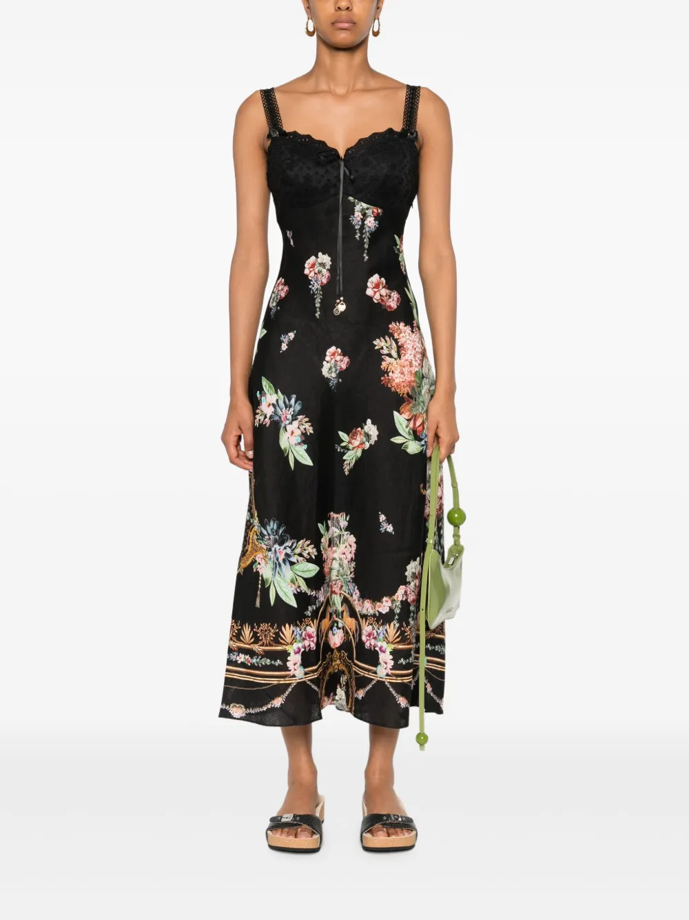 Camilla Midi-jurk met bloemenprint en kanten afwerking - Zwart