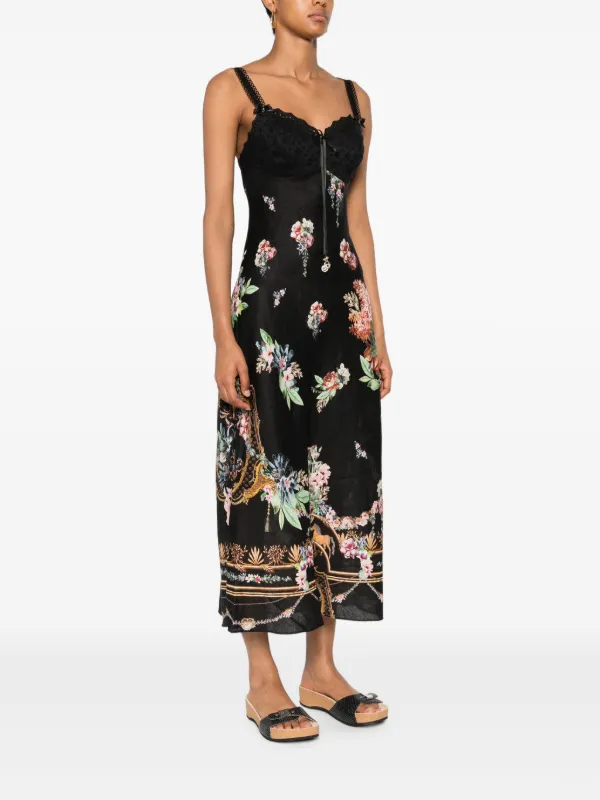 Camilla lace-trimmed floral-print Midi Dress | Black | FARFETCH