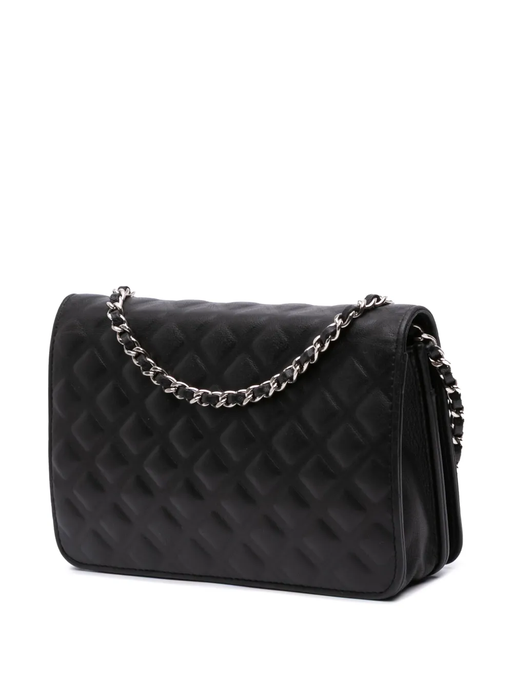 Pre-owned Chanel 2018 Cc Embossed Calfskin Diamond Wallet On Chain Crossbody Bag In Black