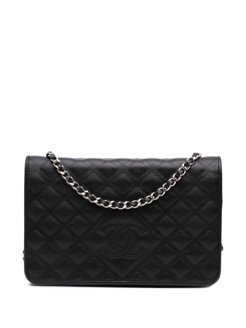 Pre-owned Chanel 2018 Cc Embossed Calfskin Diamond Wallet On Chain Crossbody Bag In Black