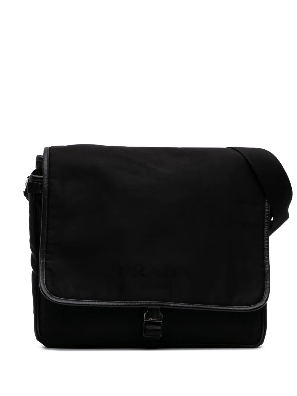 Pre-owned Prada 2013-2025 Saffiano Trimmed Tessuto Buckle Messenger Bag Crossbody Bag In Black