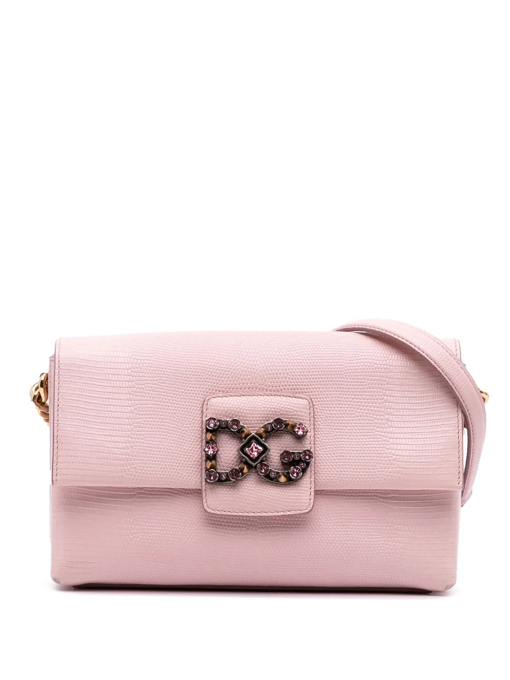 Pre-owned Dolce & Gabbana 2017-2025 Iguana Embossed Calfskin Crystal Embellished Dg Millennials Crossbody Bag In Pink
