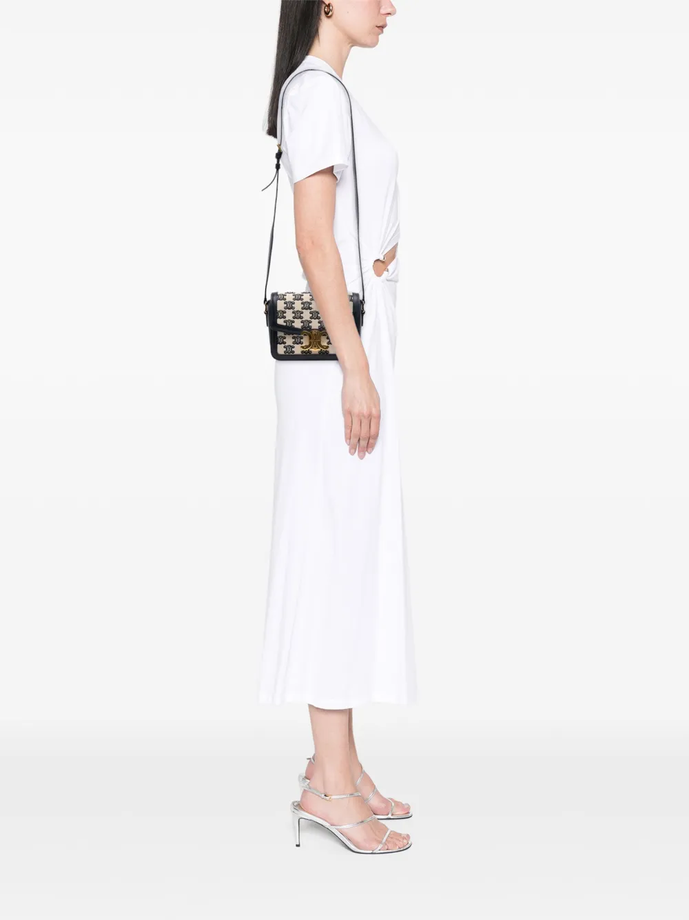 Pre-owned Celine 2021 Teen Embroidered Canvas And Calfskin Triomphe Crossbody Bag In Brown