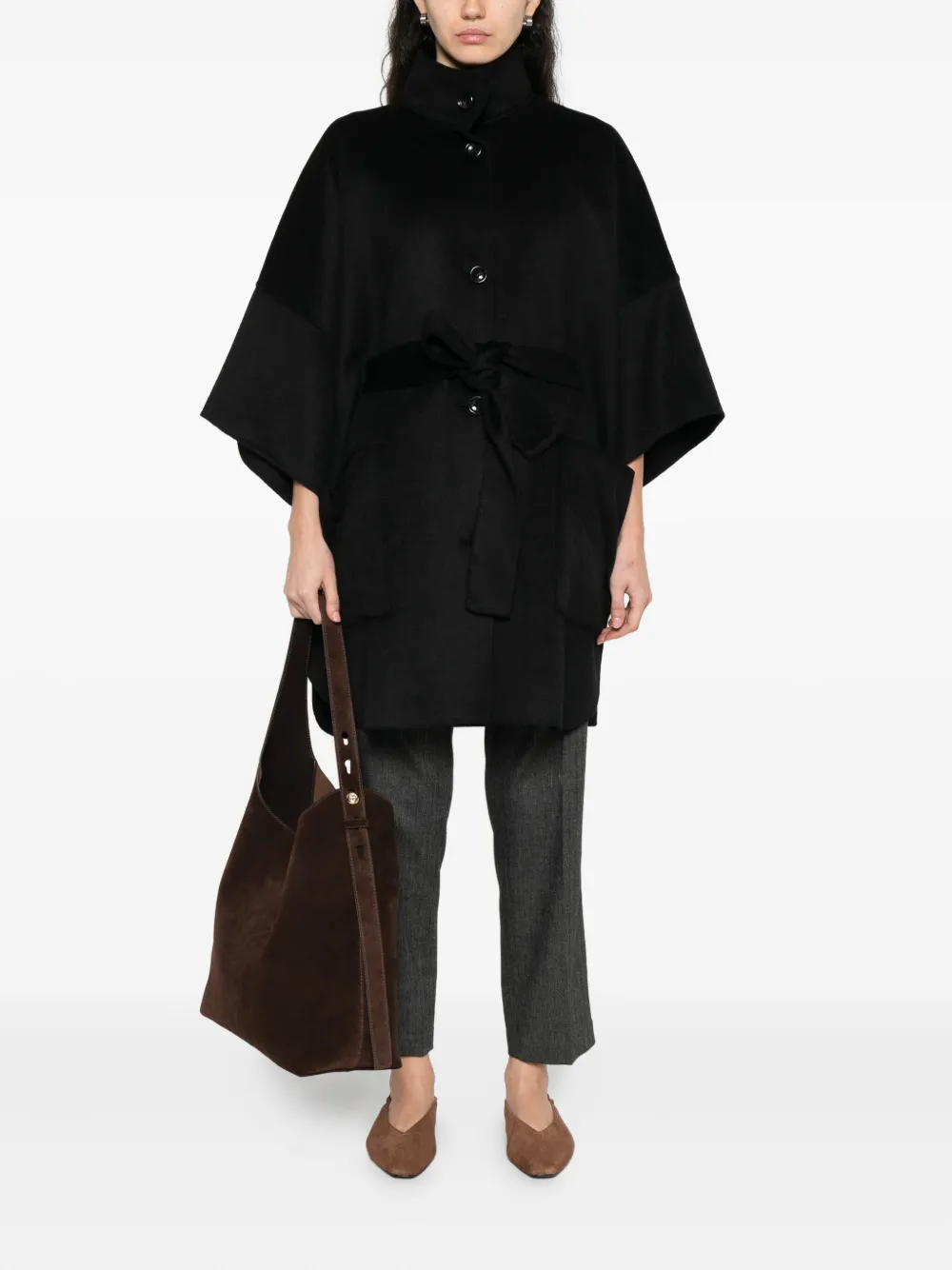 Liu •jo Belted Buttoned-up Cape In Black