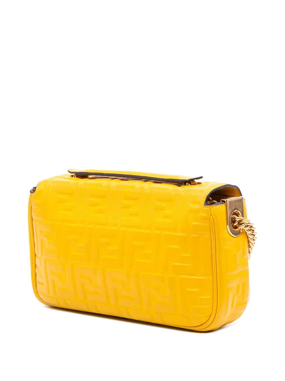 Pre-owned Fendi 2010-2025 Zucca Embossed Chain Midi Baguette Shoulder Bag In Yellow