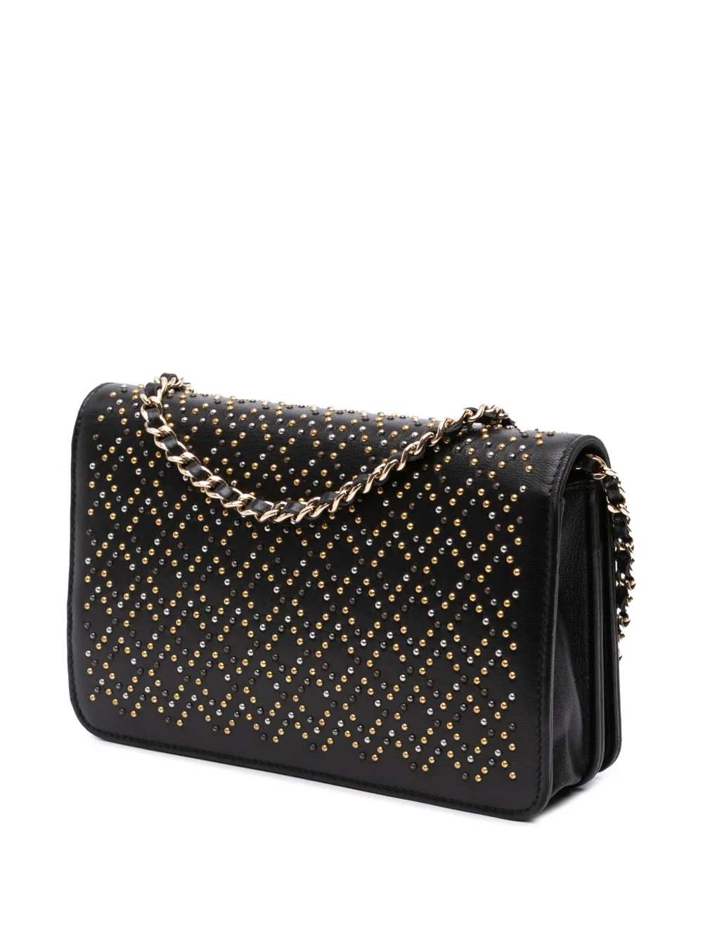 Pre-owned Chanel 2016-2017 Cc Studded Lambskin Wallet On Chain Crossbody Bag In Black