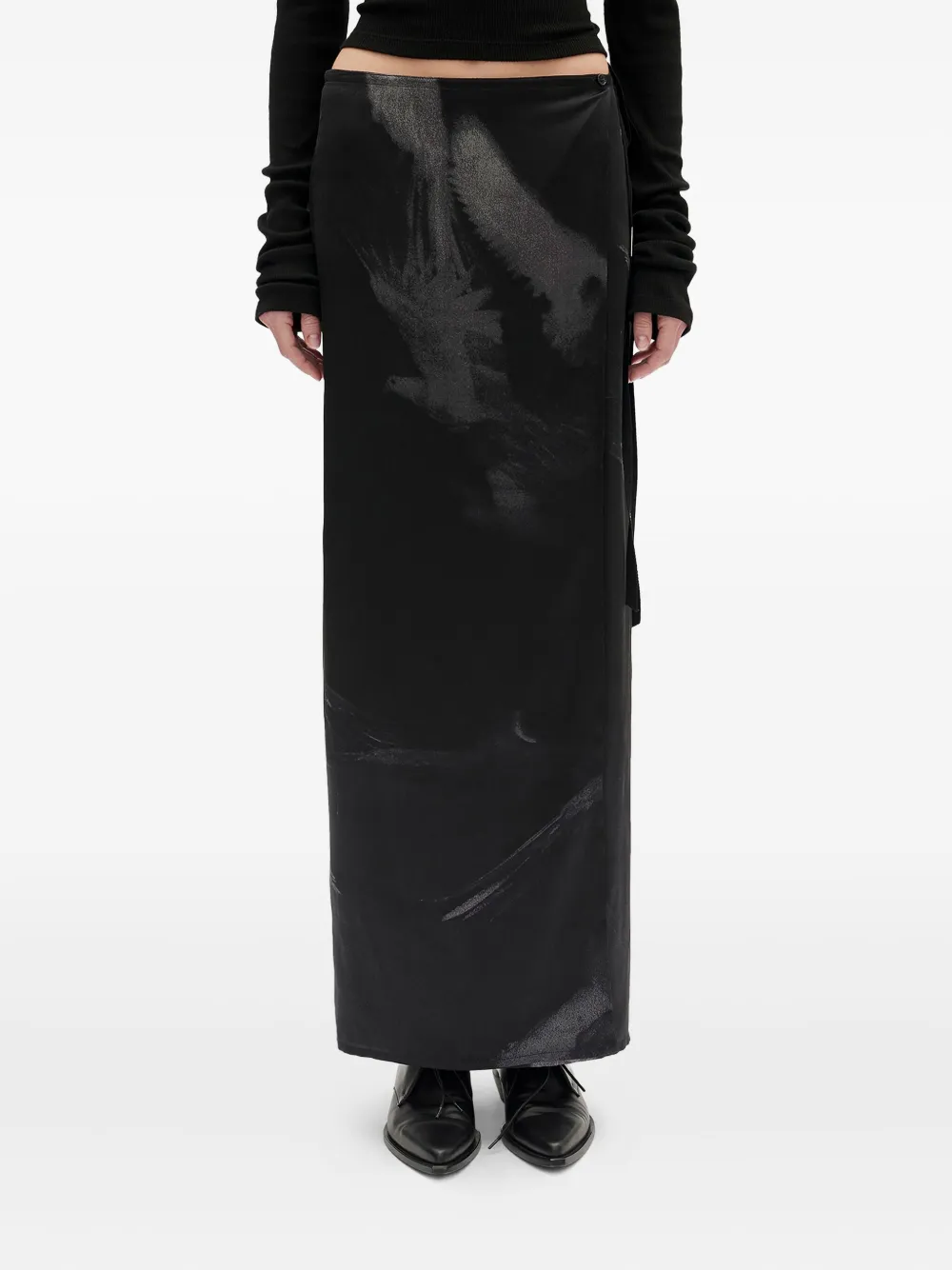 Ann Demeulemeester Oku Printed Satin Maxi Skirt In Black
